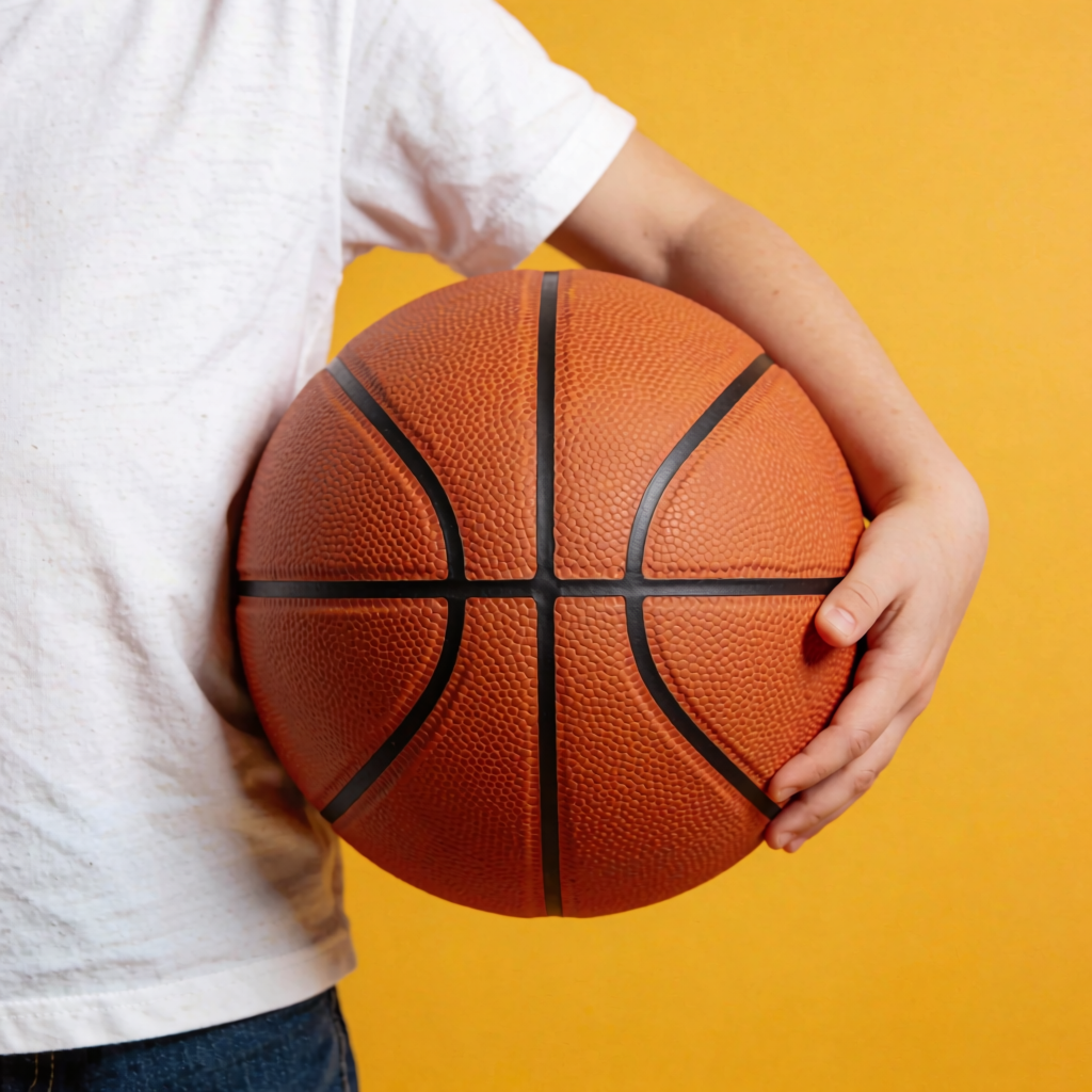 A child holding a basketball, both at correct relative sizes