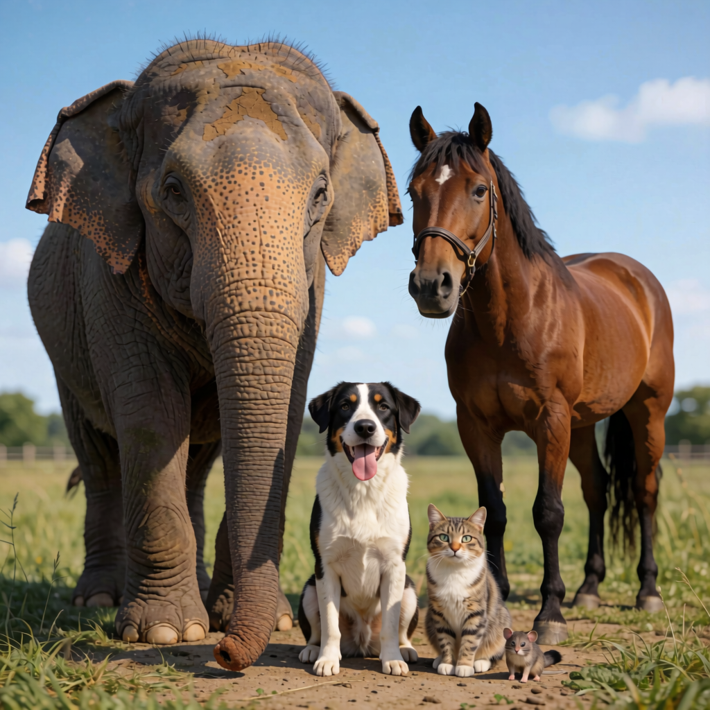 A group photo of an elephant, a horse, a dog, a cat, and a m