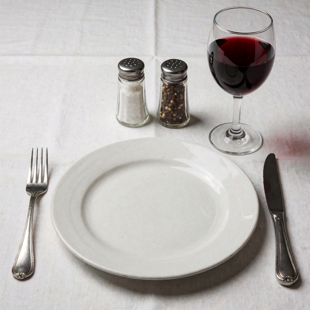 A dinner table scene with a plate, fork, knife, wine glass, 