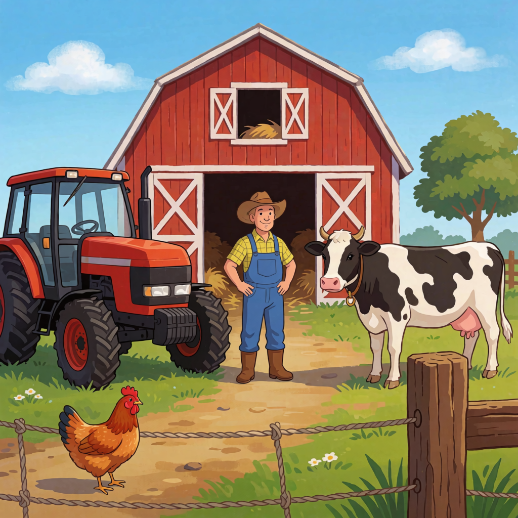 A farm scene with a barn, tractor, farmer, cow, chicken, and