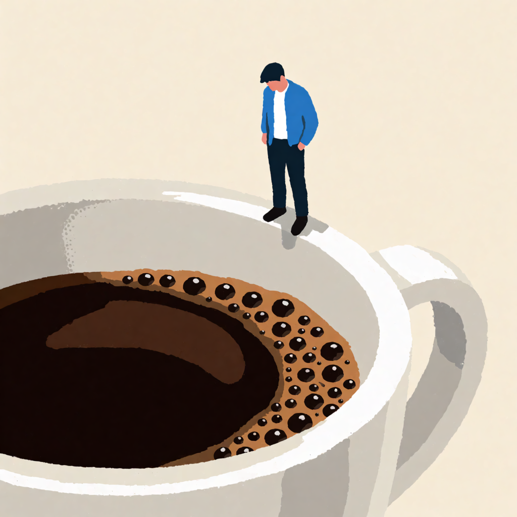 A tiny person standing on the rim of a coffee cup, looking d