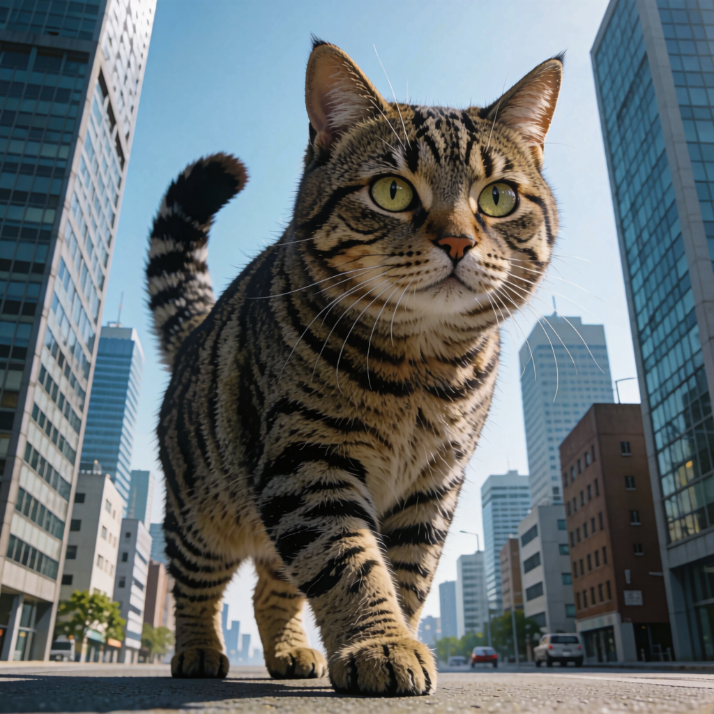 A giant tabby cat walking between city skyscrapers like a ka