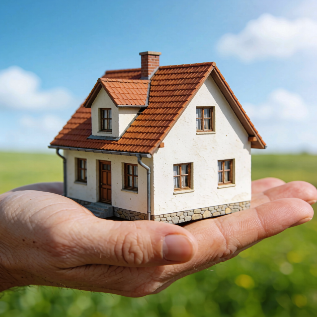 A miniature house sitting on the palm of someone's hand