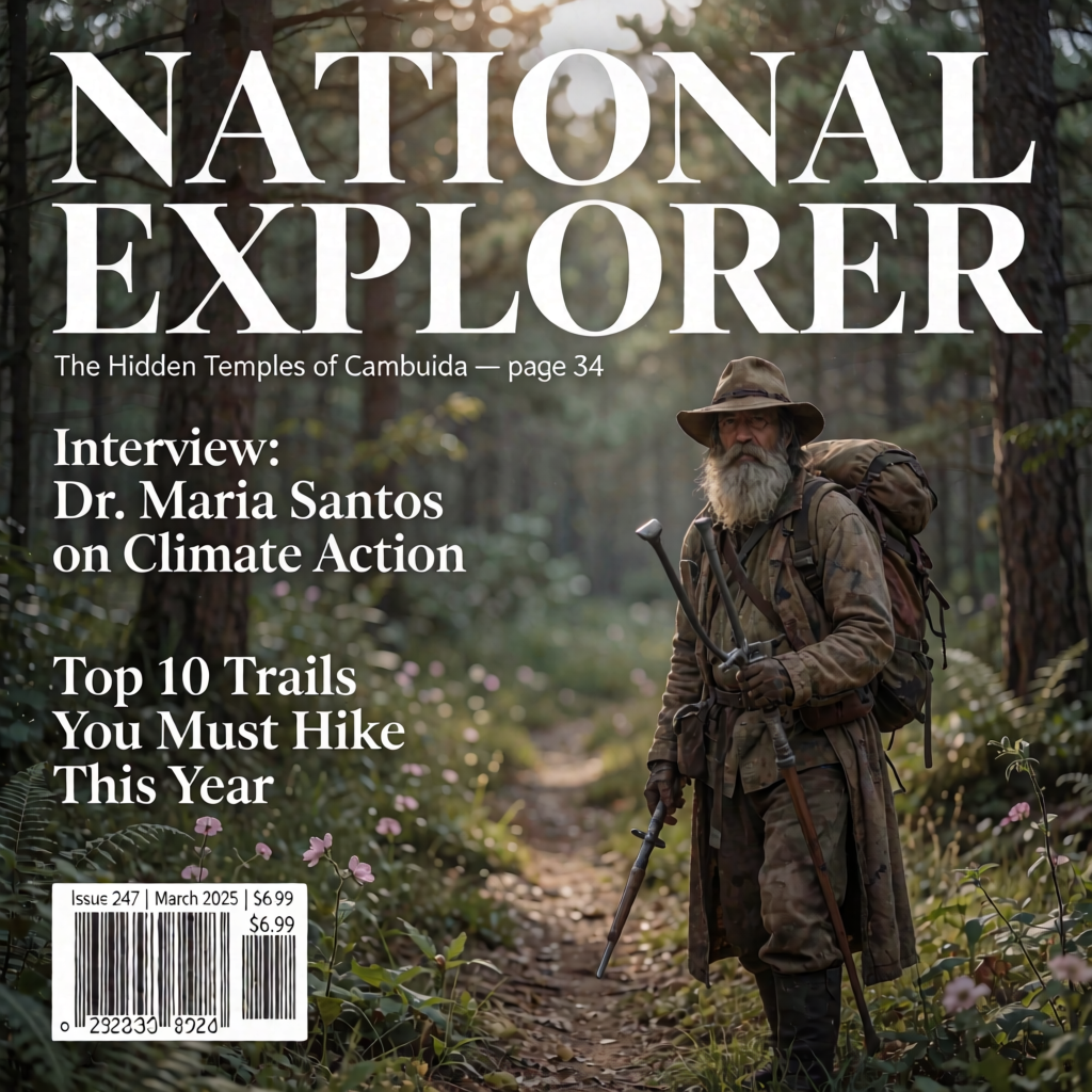 A magazine cover titled 'NATIONAL EXPLORER' with cover lines