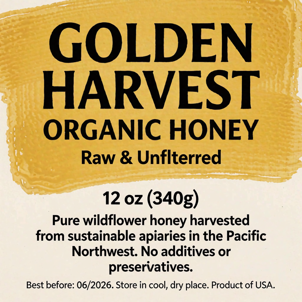 A product label for 'GOLDEN HARVEST ORGANIC HONEY' with subt