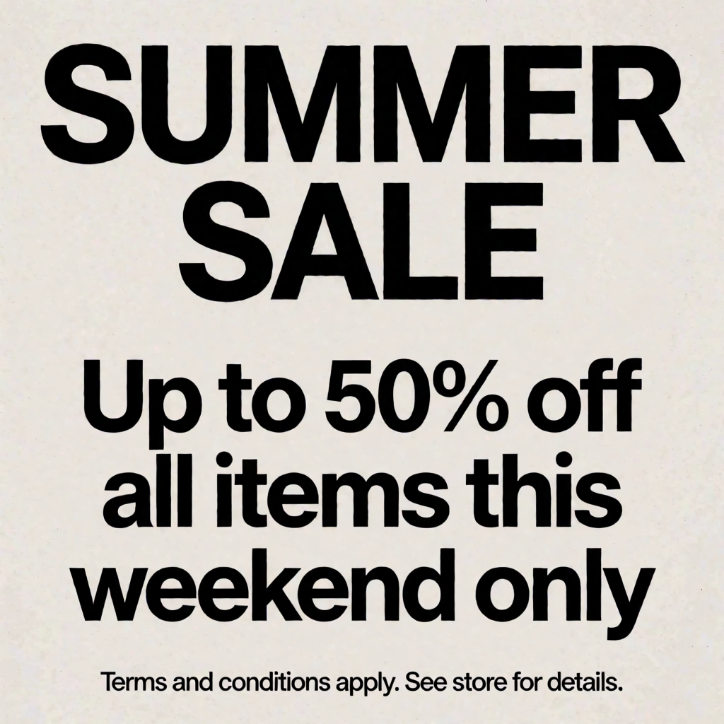 A poster with headline 'SUMMER SALE' in large bold text, bod