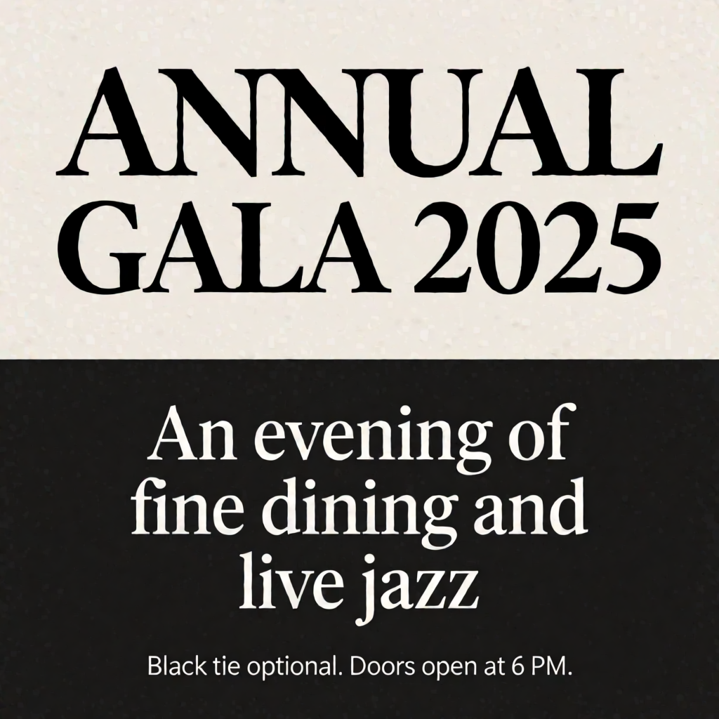 An event banner with headline 'ANNUAL GALA 2025' at the top 