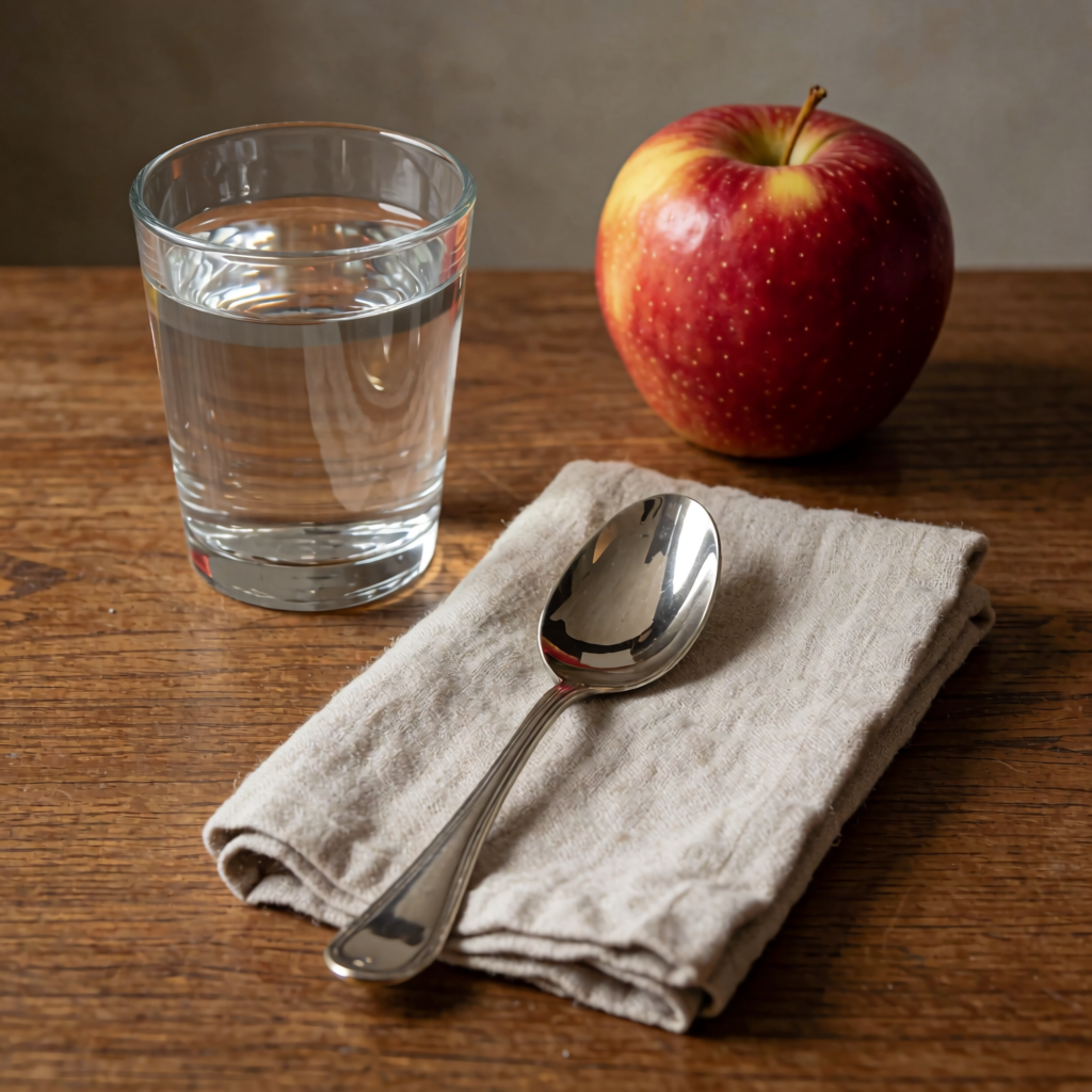 A still life on a wooden table featuring a clear glass of wa