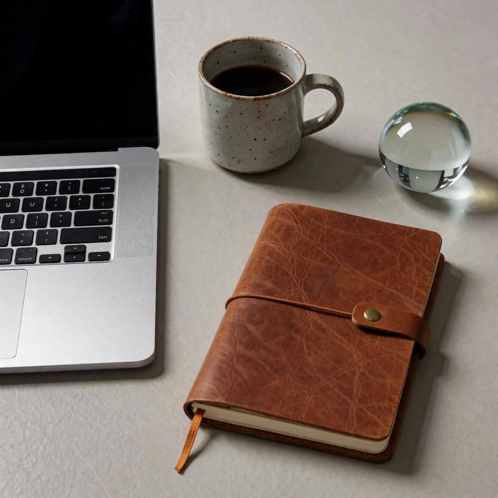 A workspace desk with a brushed aluminum laptop, a leather-b
