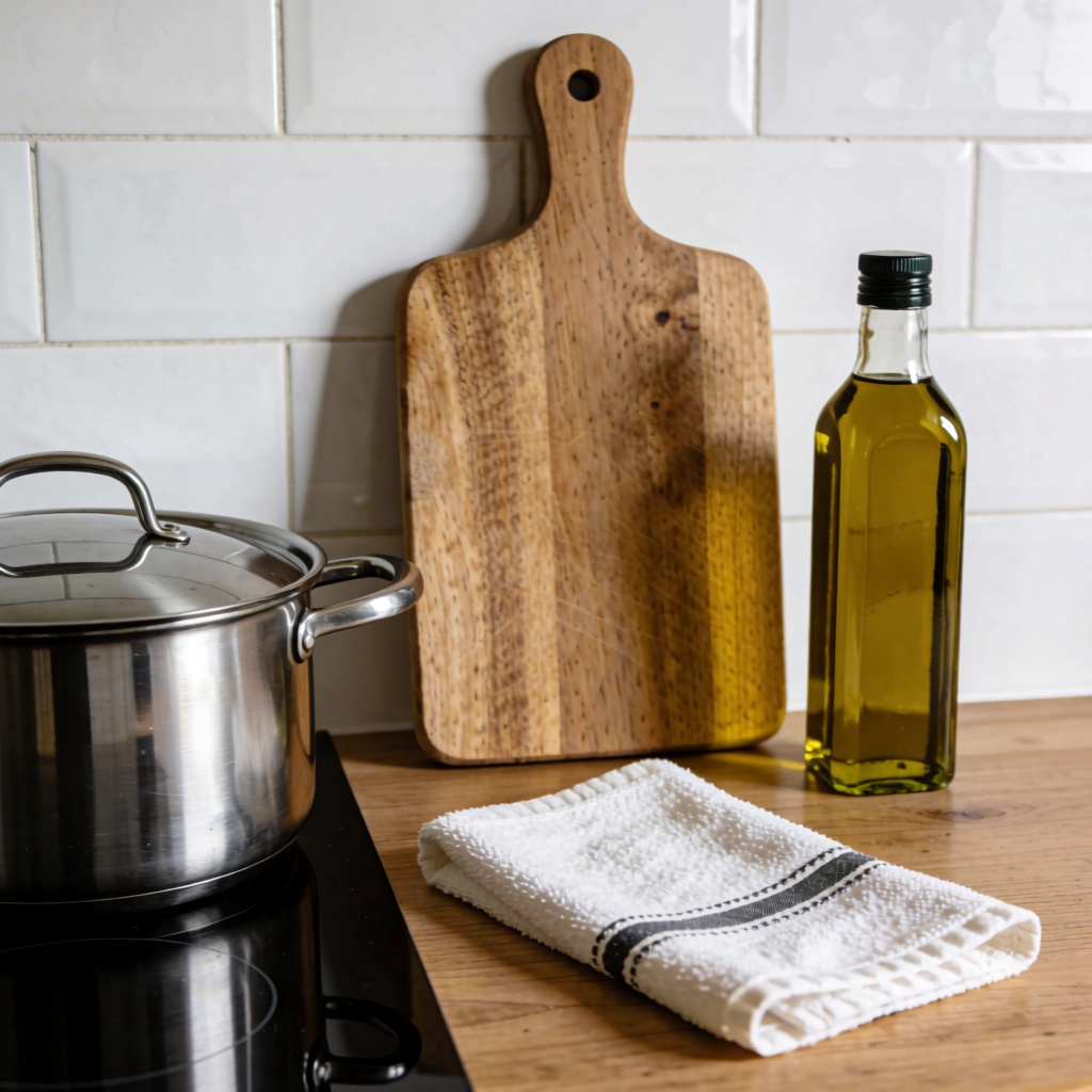 A kitchen counter with a stainless steel pot, a wooden cutti