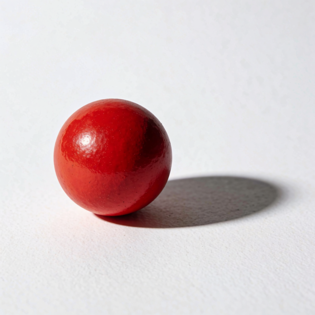 A red sphere on a white surface with a single shadow cast to