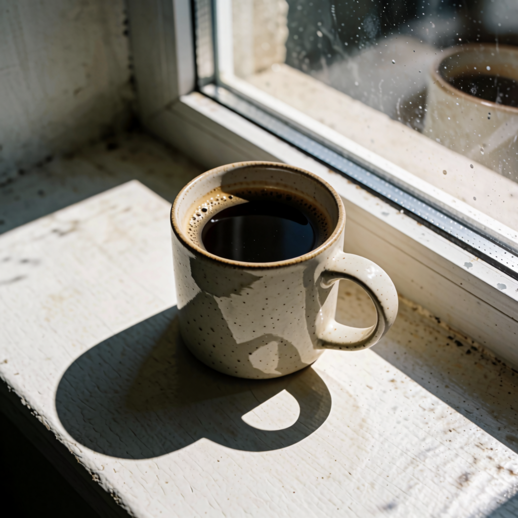 A coffee mug on a sunny windowsill casting a sharp shadow to