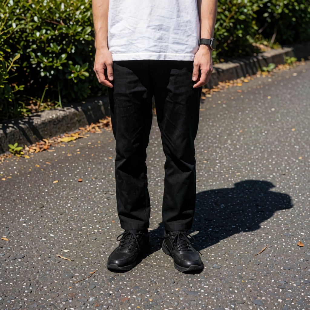 A person standing outdoors at midday with a short shadow dir