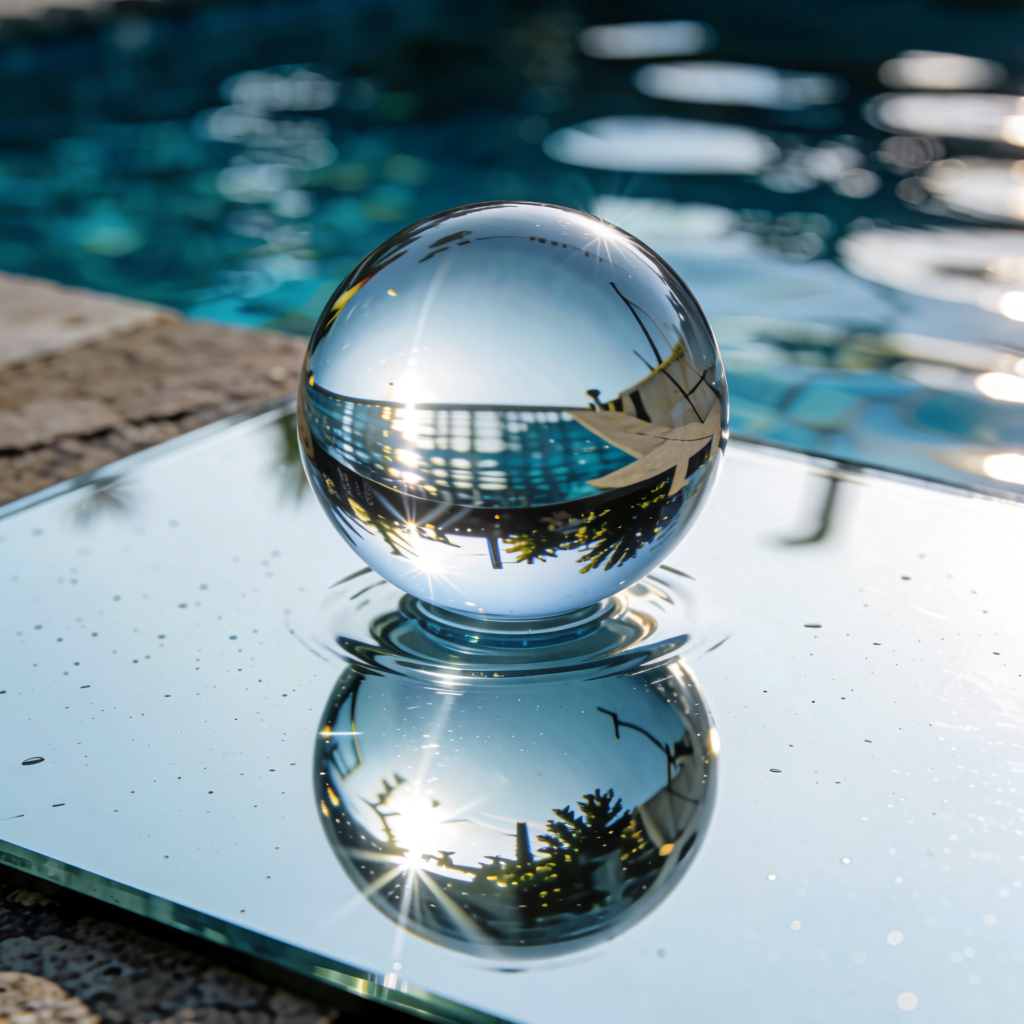 A clear glass sphere sitting on a mirror surface near a pool