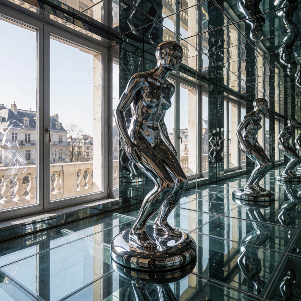 A chrome sculpture in a room with a glass floor and large wi