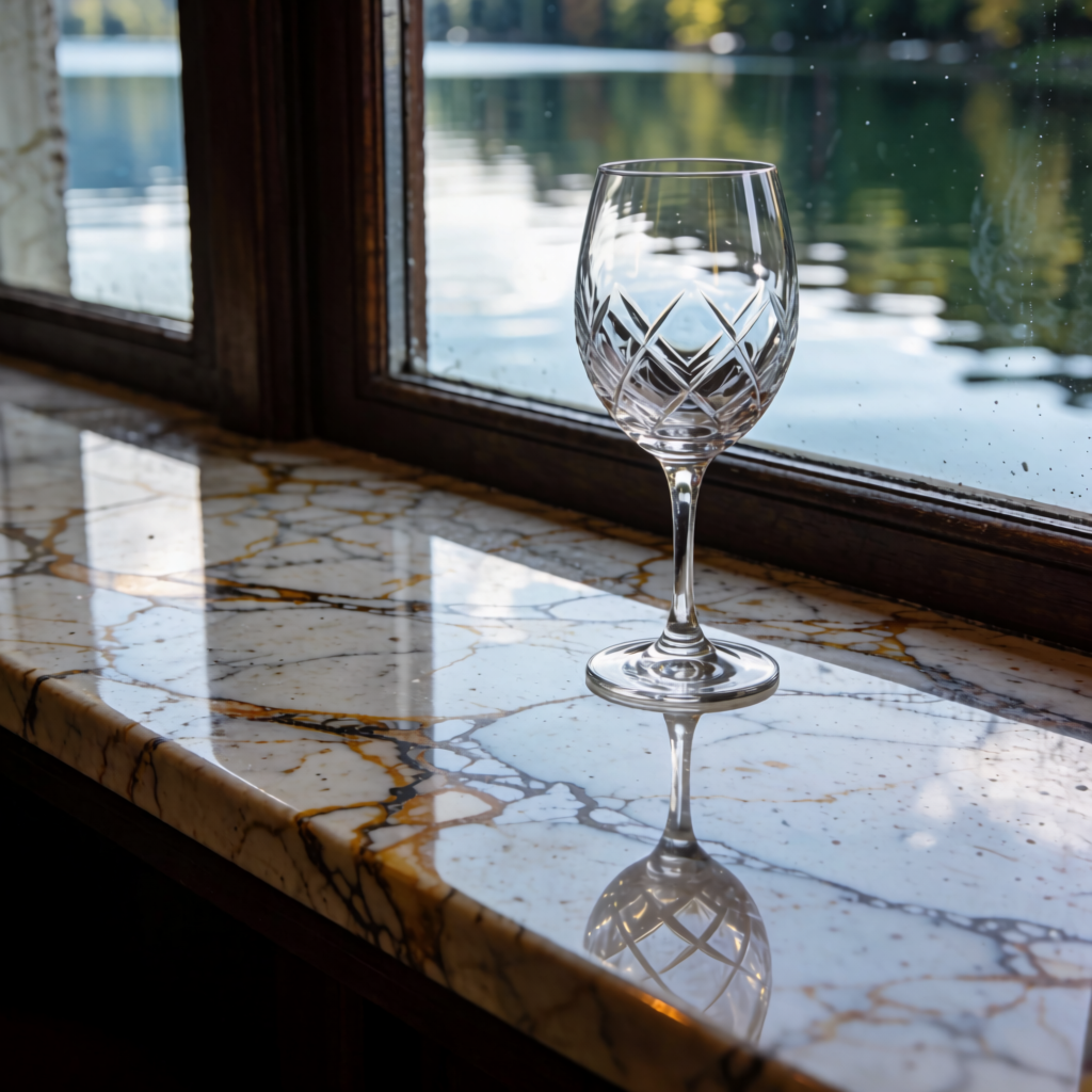 A crystal wine glass on a polished marble counter next to a 