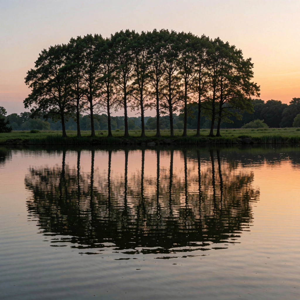 A row of trees reflected in a calm lake at sunset, with the 