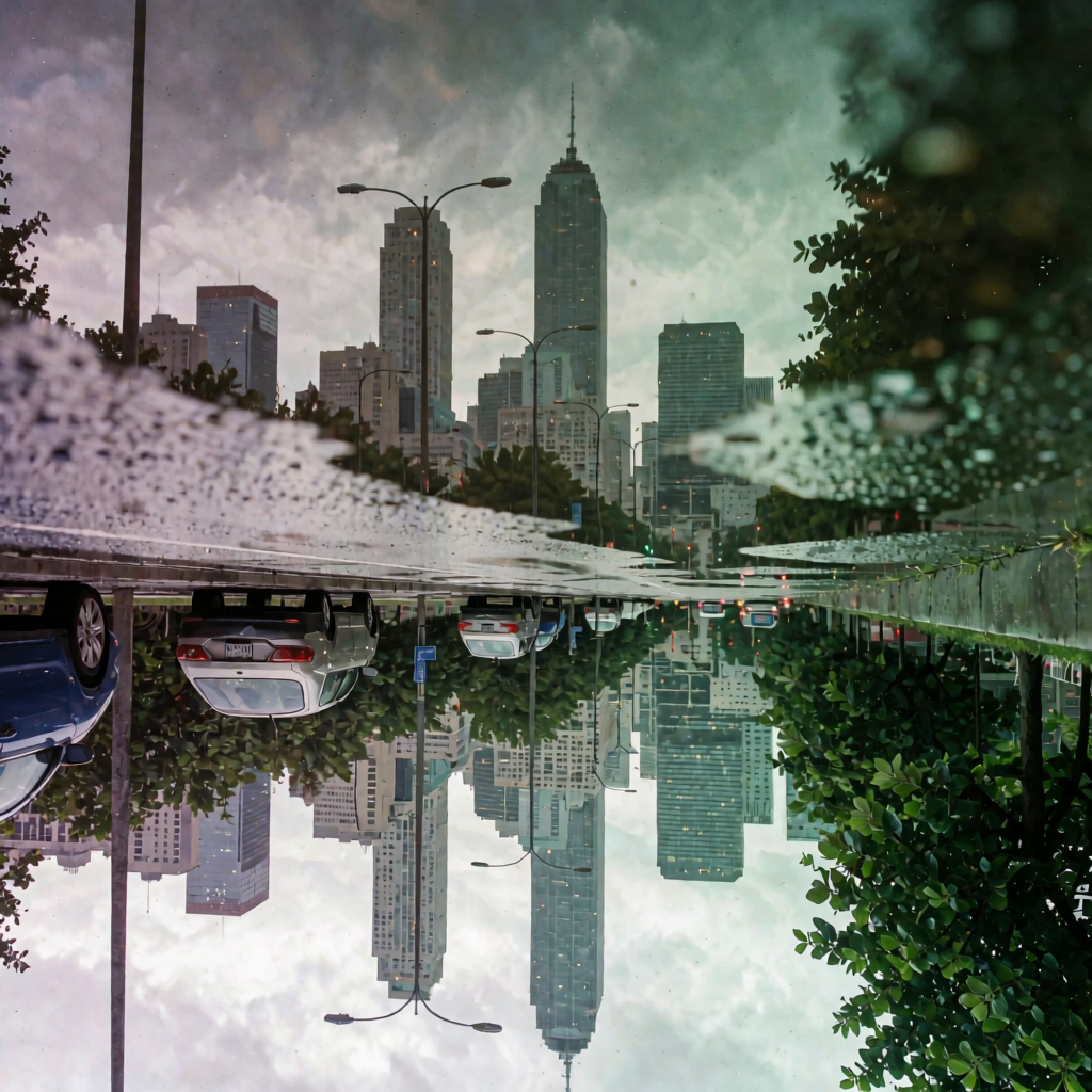 A city skyline reflected in a rain puddle on a street, with 