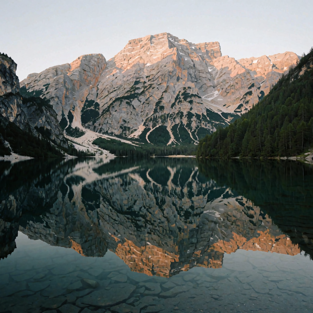 A mountain range reflected in a still alpine lake, with the 
