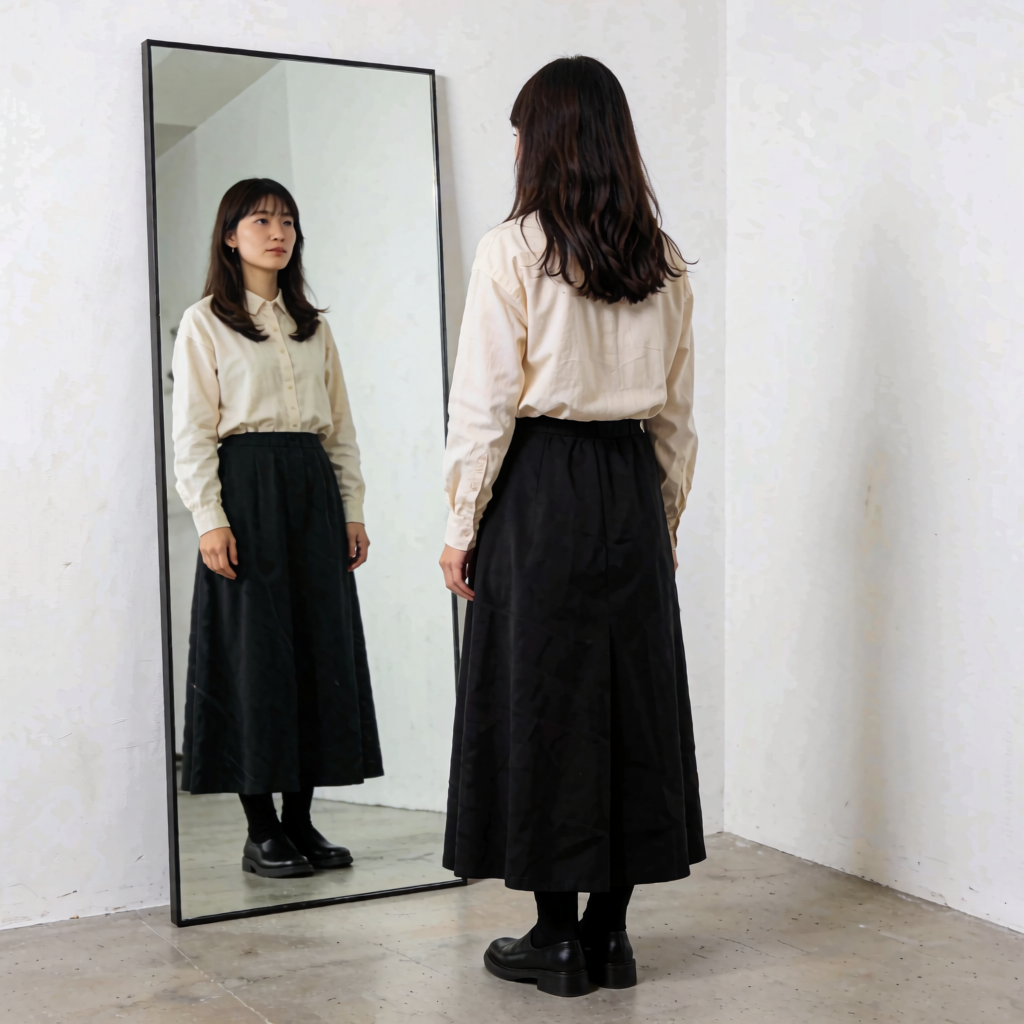 A woman standing in front of a full-length mirror, her refle