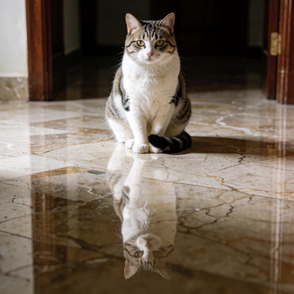 A cat sitting on a polished marble floor with its reflection