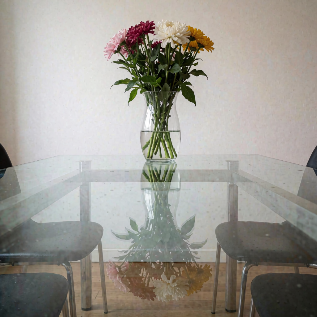 A vase of flowers on a glass table with a clear reflection v