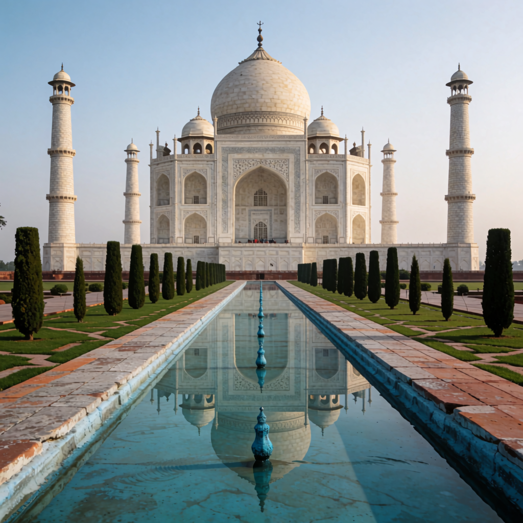 The Taj Mahal in Agra seen from the reflecting pool, with ac