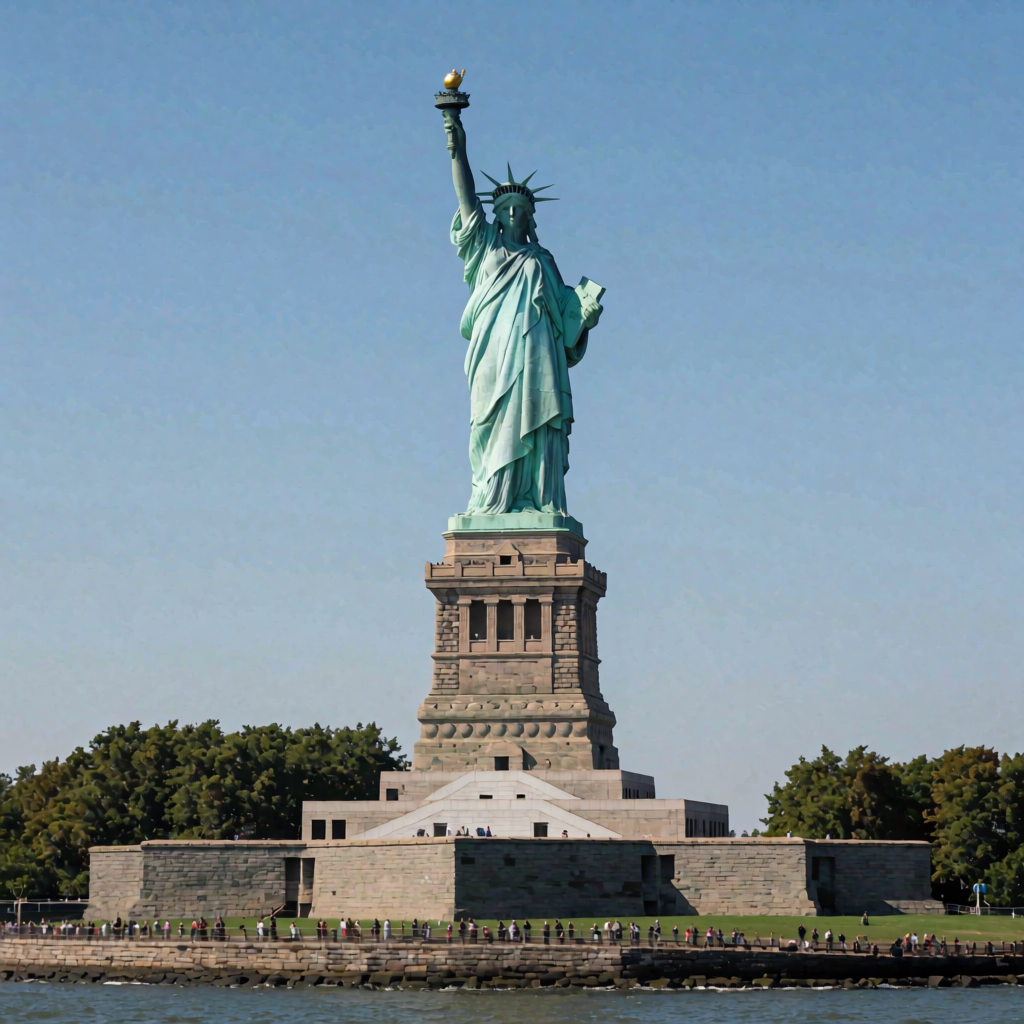 The Statue of Liberty on her island pedestal, with correct t