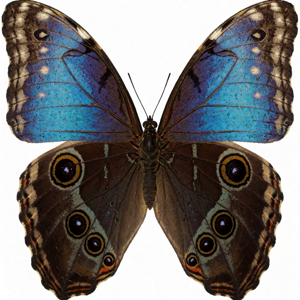 A Morpho menelaus butterfly with accurate iridescent blue do