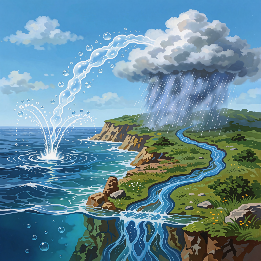 A detailed diagram of the water cycle showing evaporation fr
