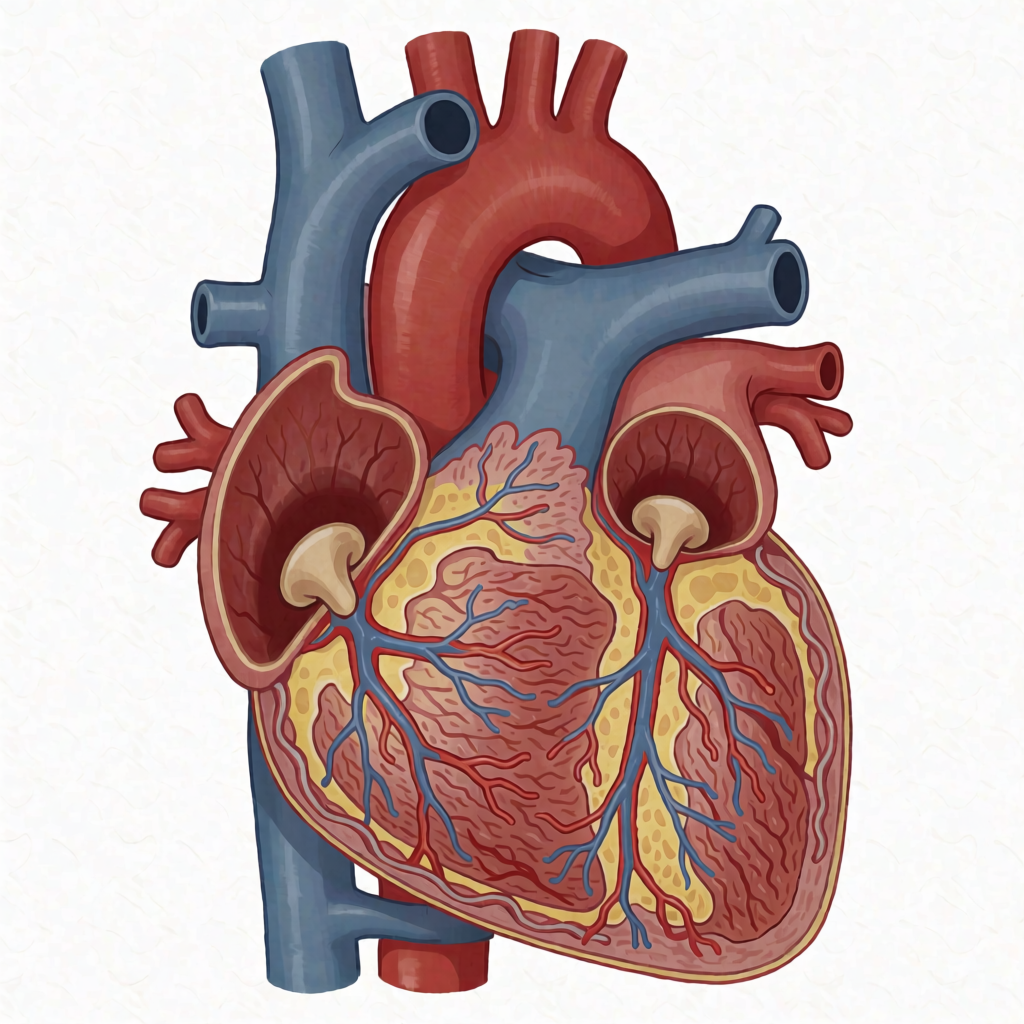 An anatomical illustration of the human heart showing four c