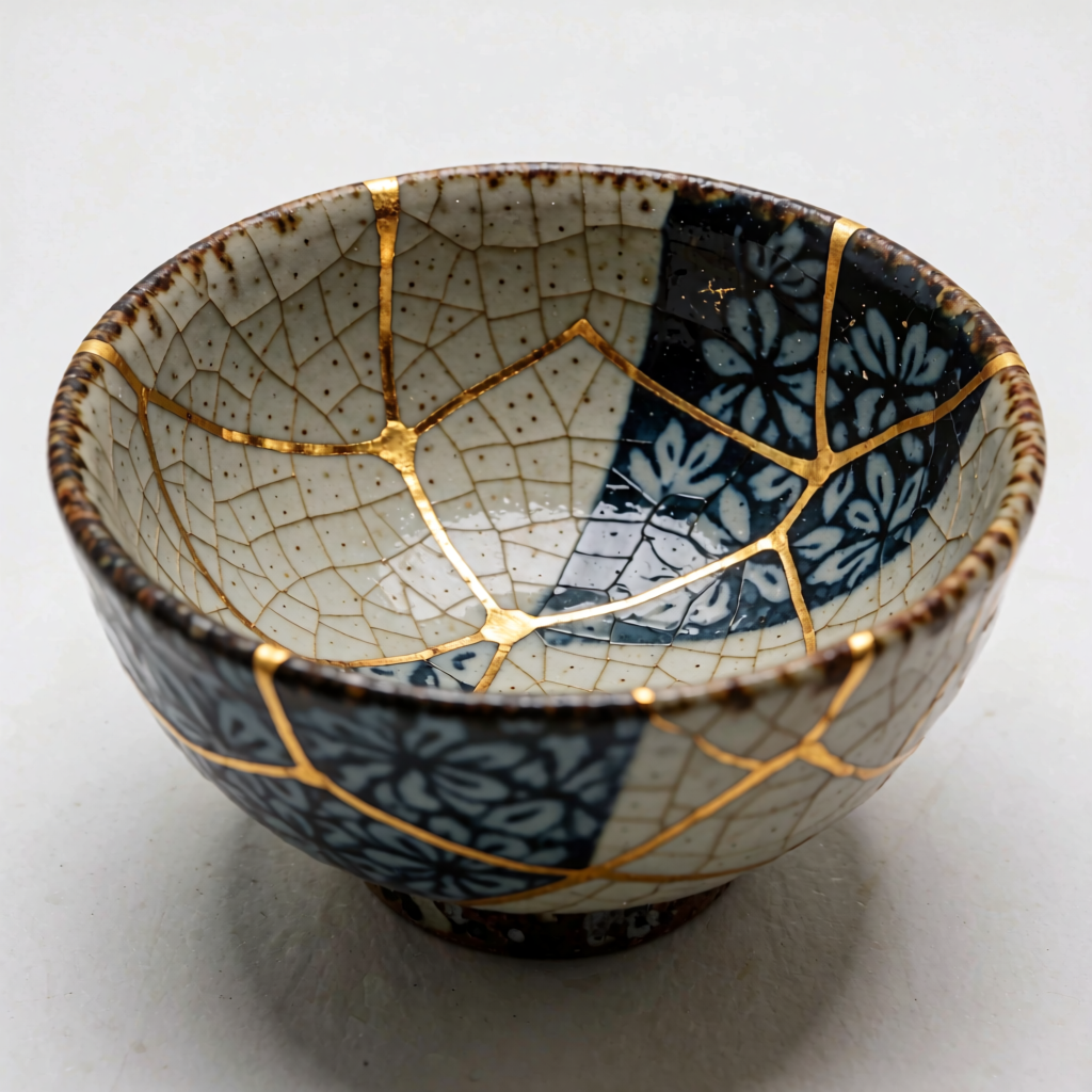 A Japanese kintsugi bowl — cracked ceramic repaired with vis