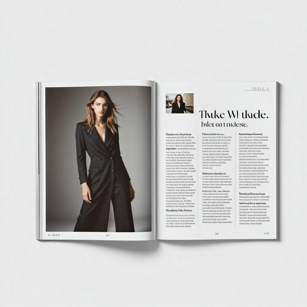 A fashion magazine spread with a full-bleed left-page photo,