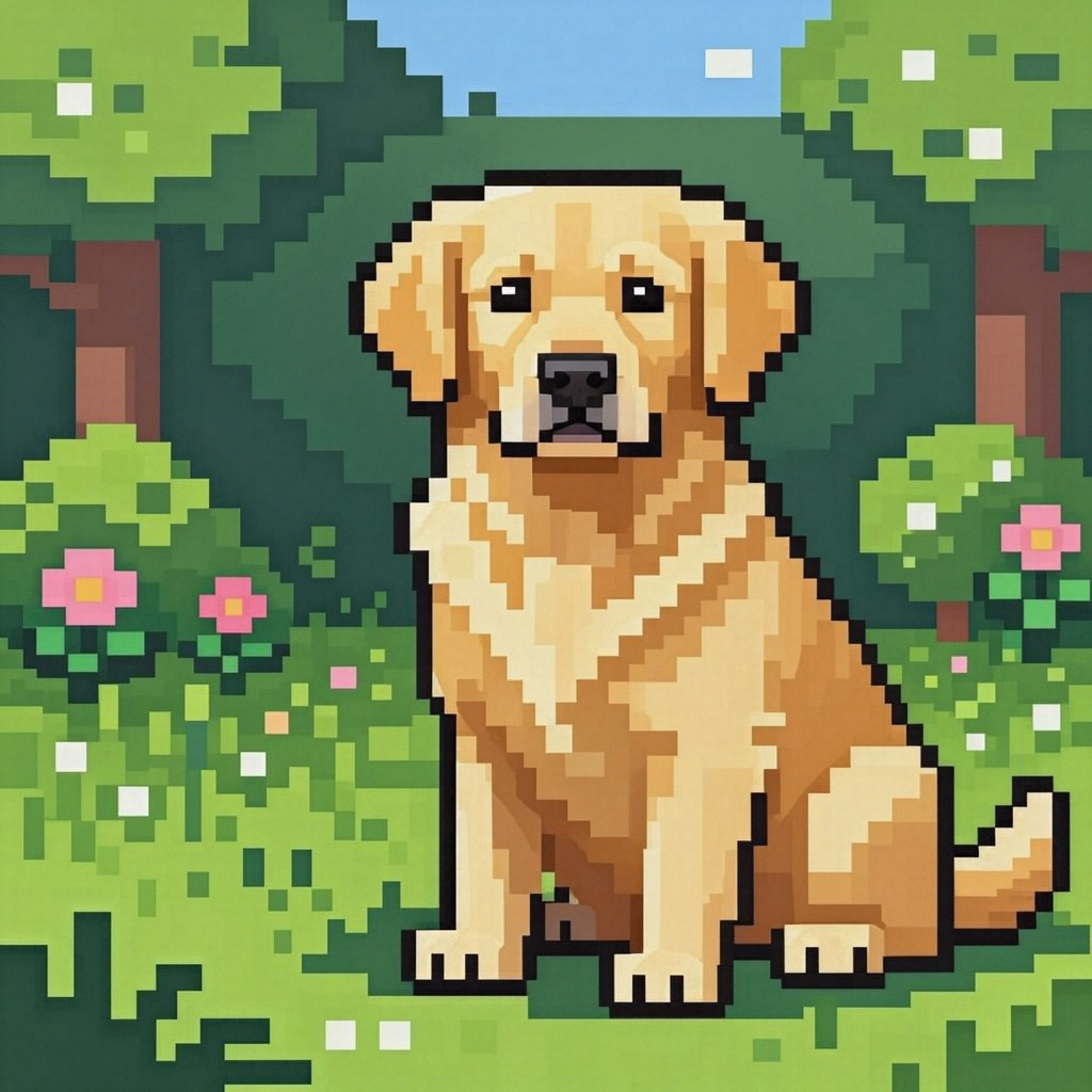 A golden retriever sitting in a garden, rendered in pixel ar