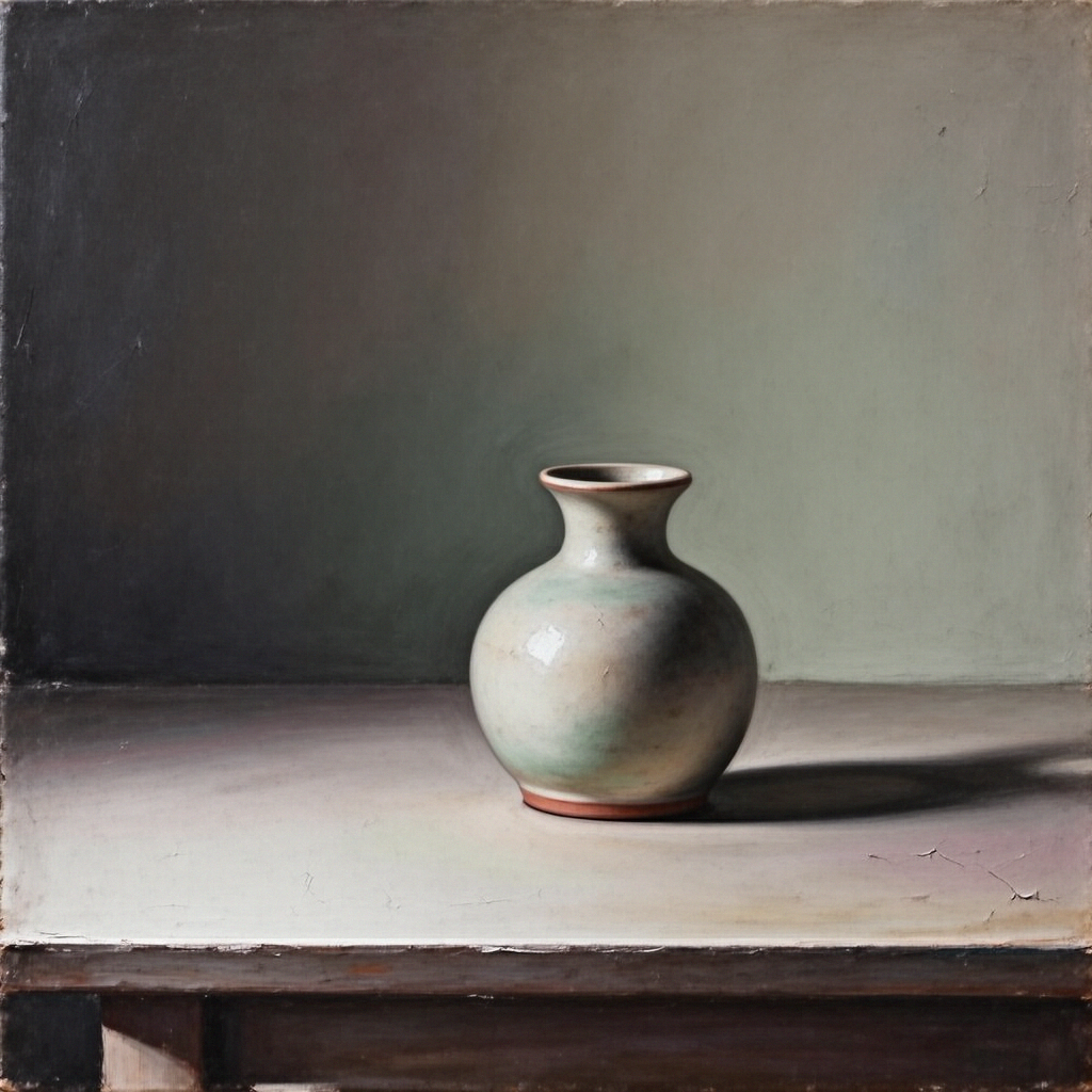 A still life painted in anxious minimalism — sparse composit