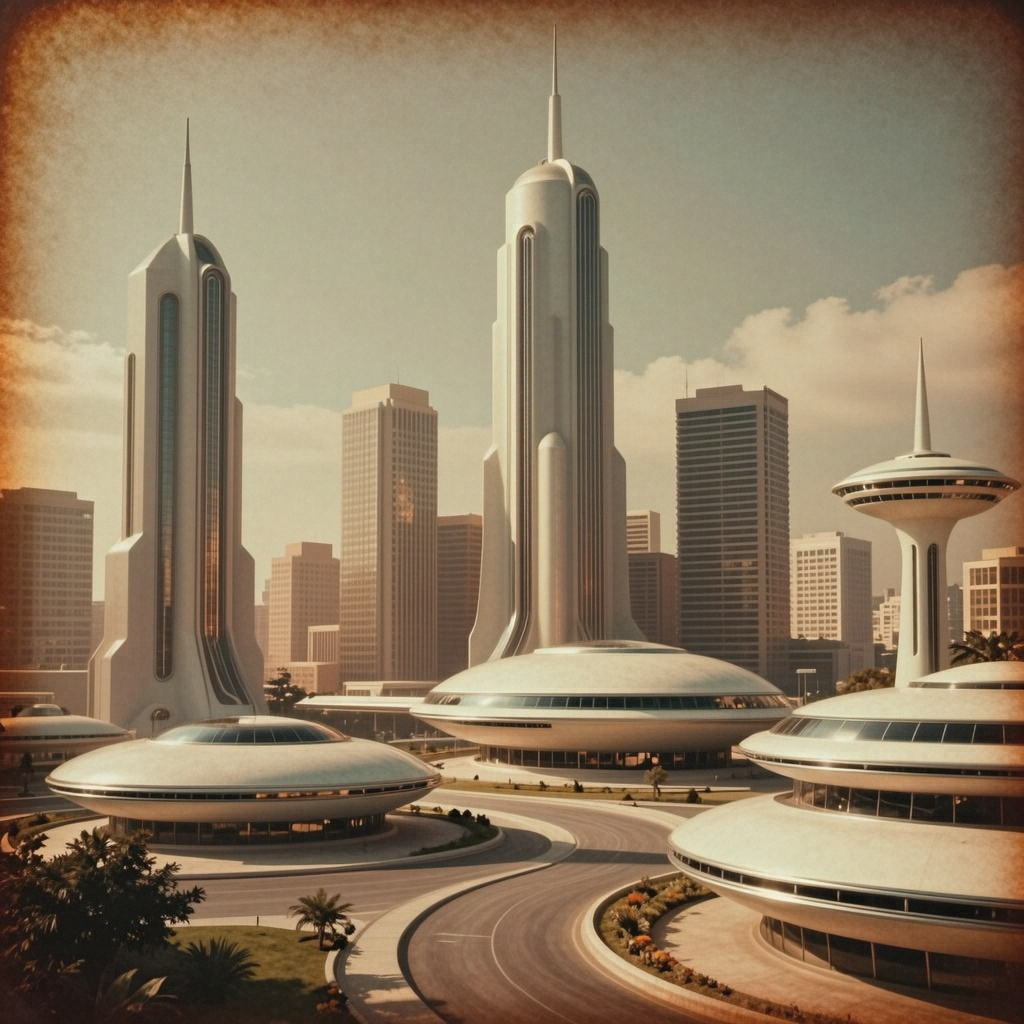 A cityscape rendered in nostalgic futurism — retro-futuristi