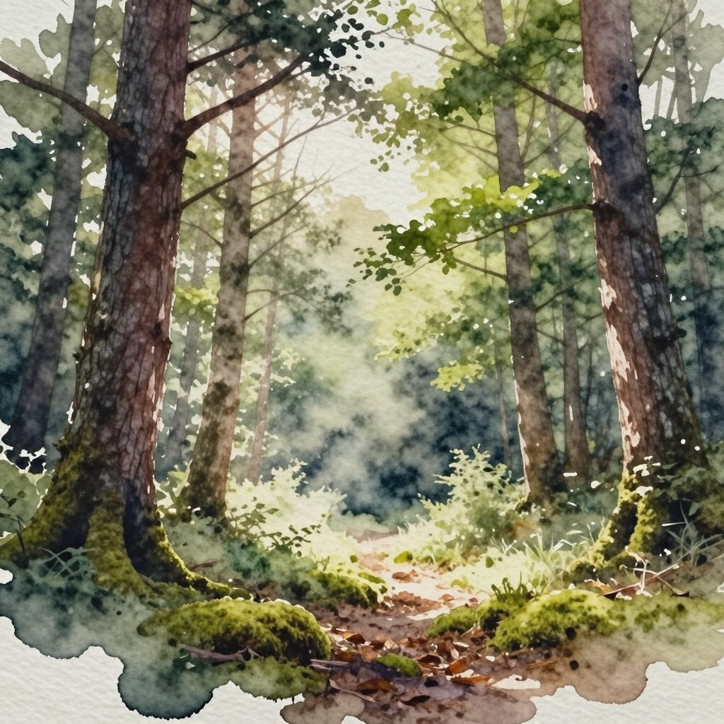 A forest rendered in photorealistic watercolor — the detail 