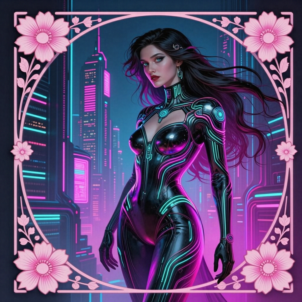 A woman in a futuristic city rendered in cyberpunk Art Nouve