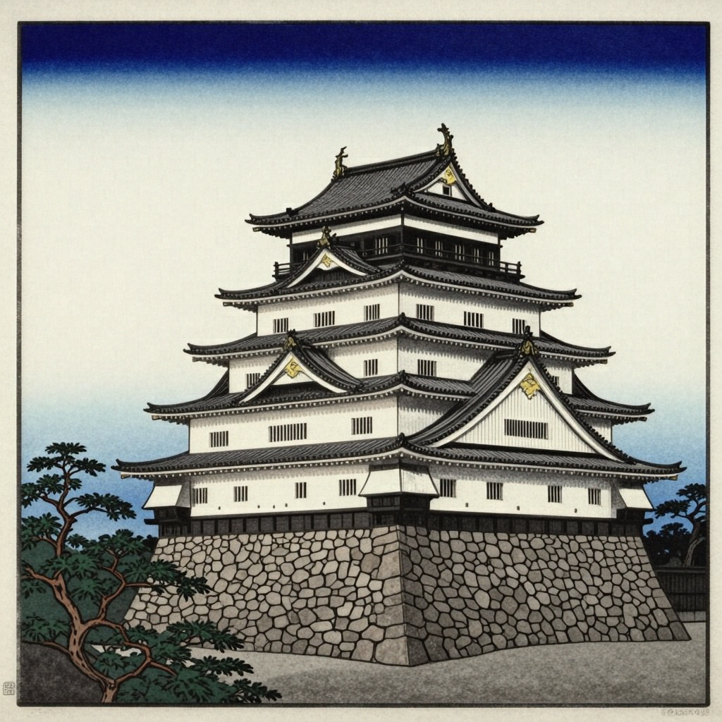 A medieval castle depicted in Japanese ukiyo-e woodblock pri