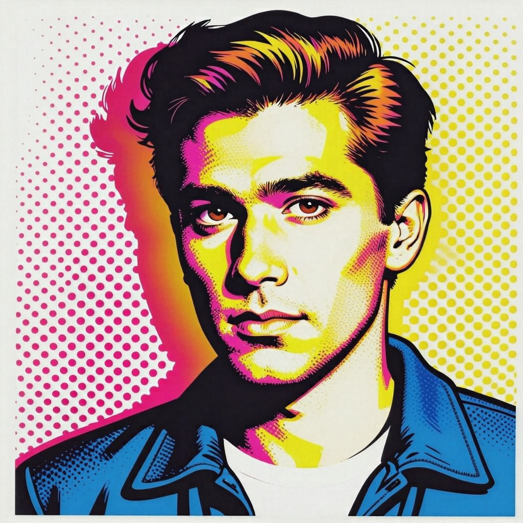 A portrait of a man in Pop Art style — bold outlines, Ben-Da