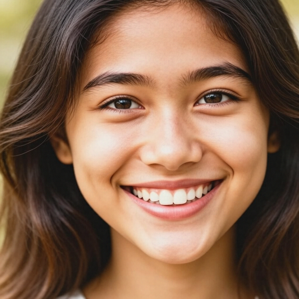 A close-up portrait of a young woman with a warm natural smi