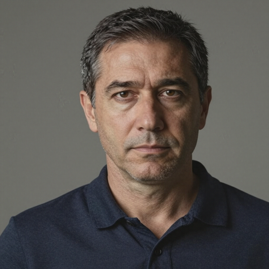 A portrait of a middle-aged man with a calm, serious express