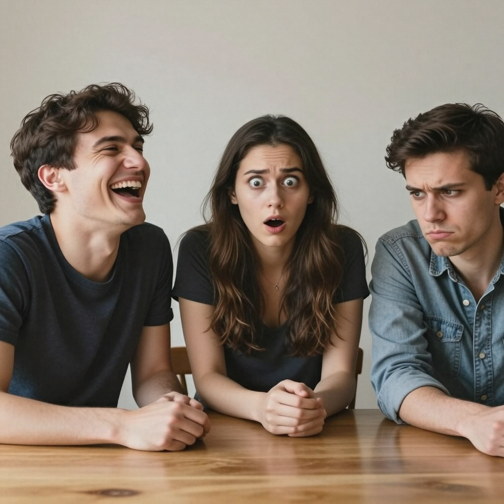 A group of three friends at a table: one laughing with head 