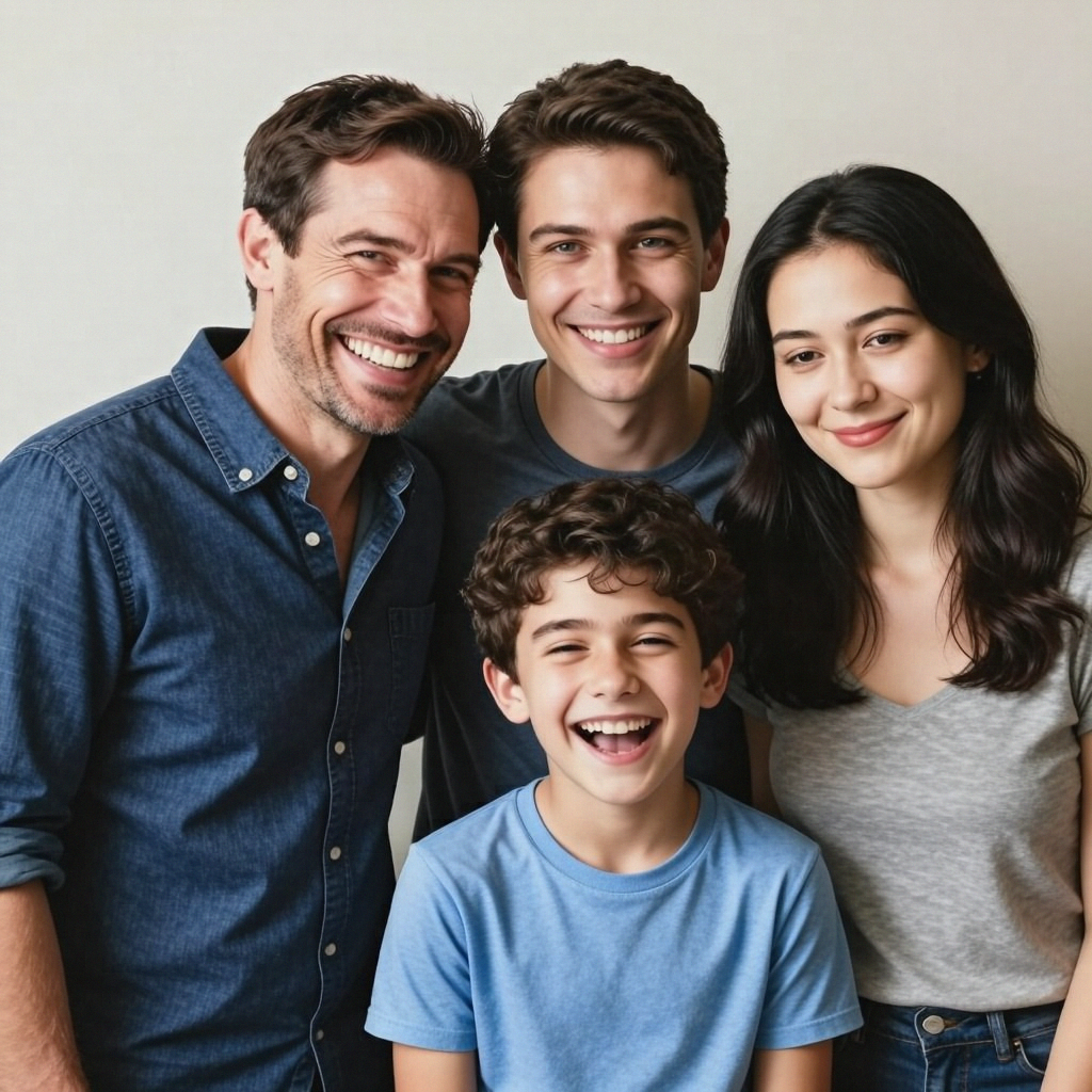 A family photo with four people: a father beaming with pride