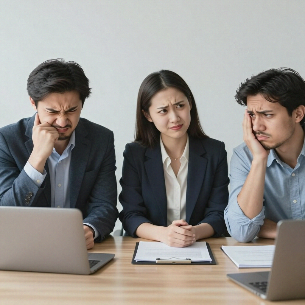 Three coworkers in a meeting: one looking frustrated with fu