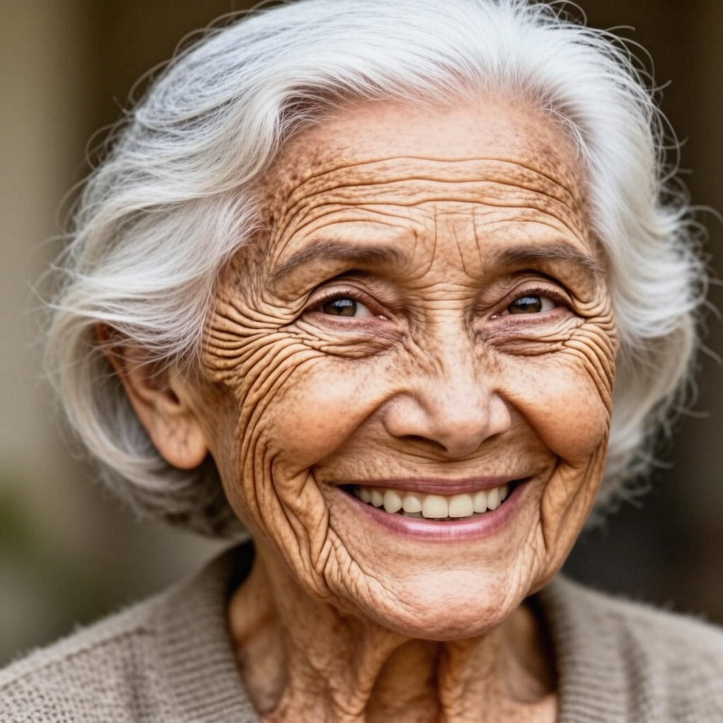An elderly woman in her 80s with deep wrinkles and white hai