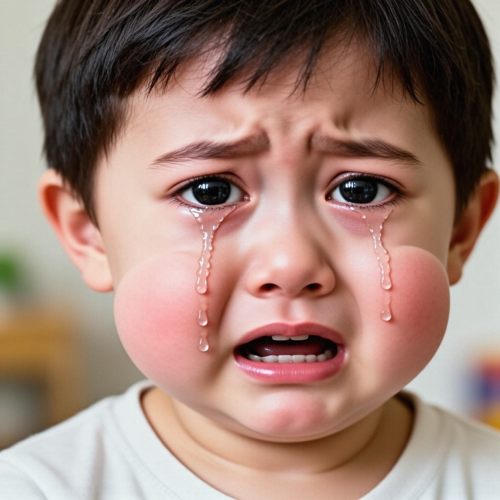 A 5-year-old child with round cheeks and large eyes, crying 