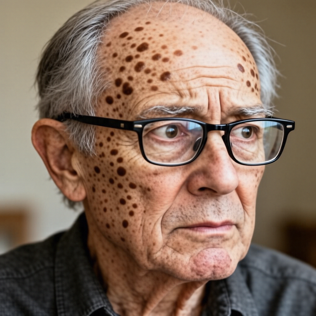 An elderly man in his 70s with age spots and thinning gray h