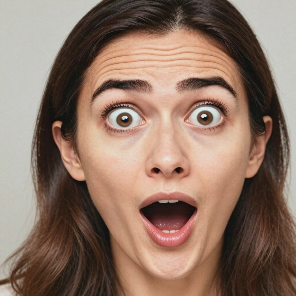 A portrait capturing genuine surprise — raised eyebrows, wid