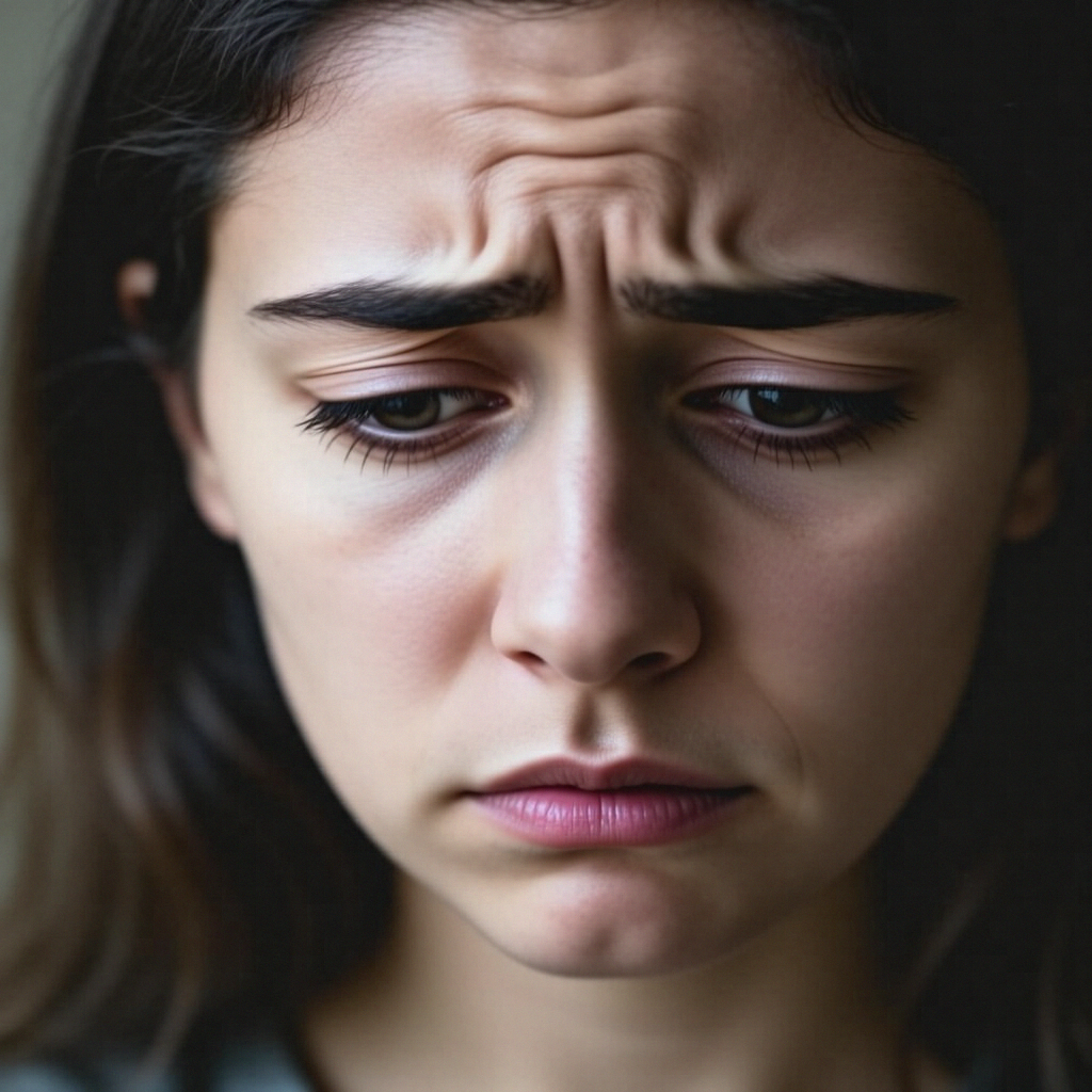 A face showing quiet melancholy — downcast eyes, slightly dr